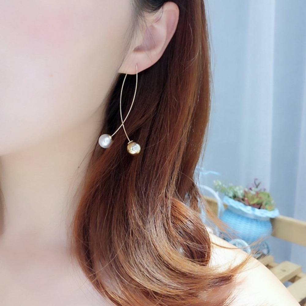 Gold Faux Pearl Crossover Ear Wire Earrings - Picture 3 of 7